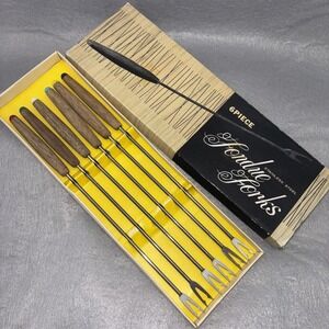 Vintage Fondue Forks 6pc Set Stainless Steel Teak Coded Handles w/Box ~Japan